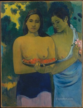 ポール・ゴーギャン Painting - マンゴーの花を持つ二人のタヒチ女性 ポスト印象派 原始主義 ポール・ゴーギャン